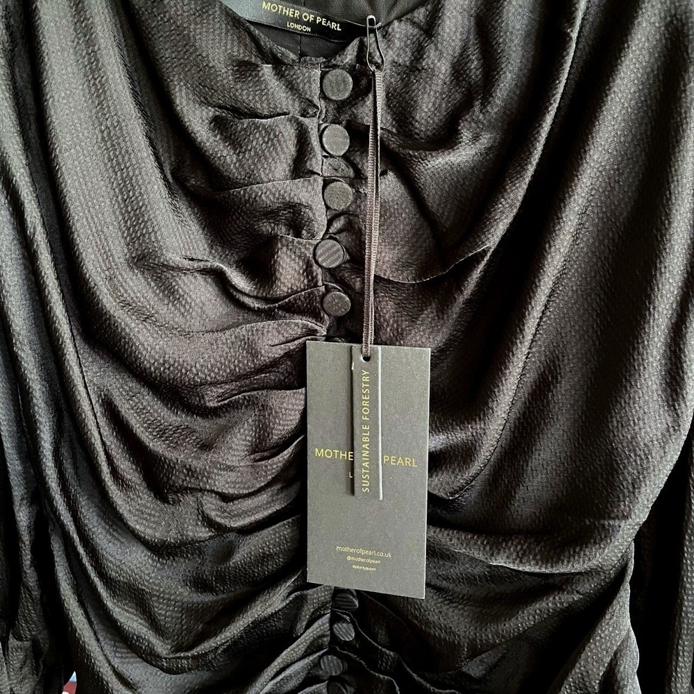 NEW Mother Of Pearl UK 10 US 6 Sasha Hammered Satin Ruched Button Top Black - Picture 5 of 6